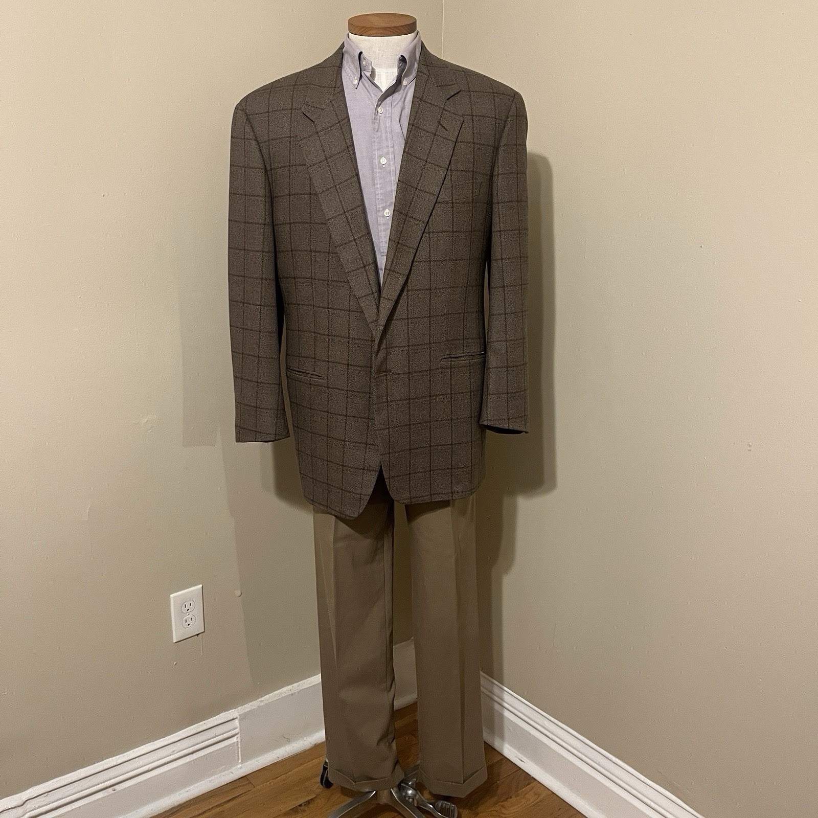 Corneliani Wool Cashmere Blazer Brown Tan Windowpane 46L