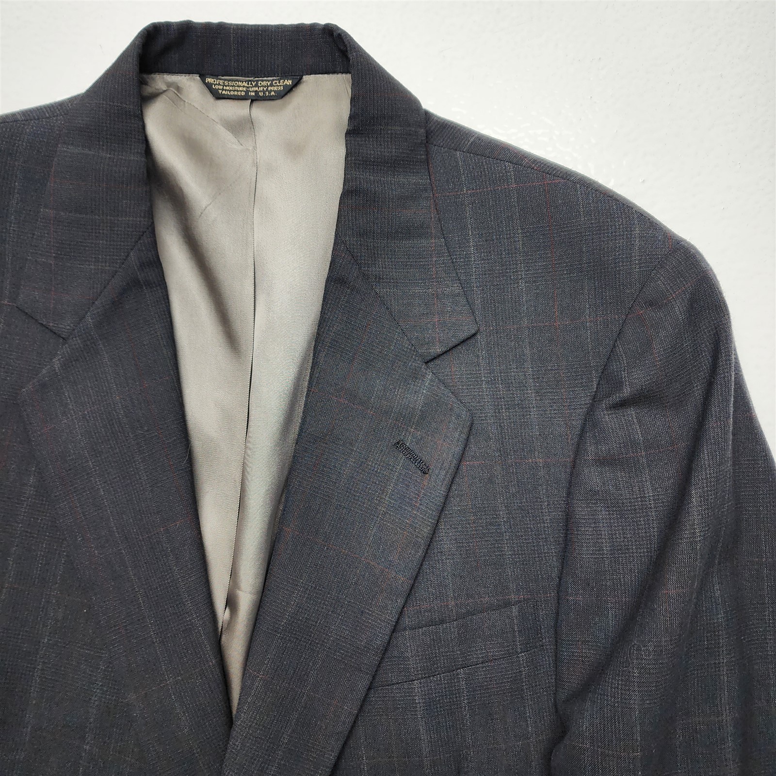 Vtg Sansabelt USA 42R 36×28 Dark Gray Check Wool 2Btn 2Pc Mens Jacket Pants Suit