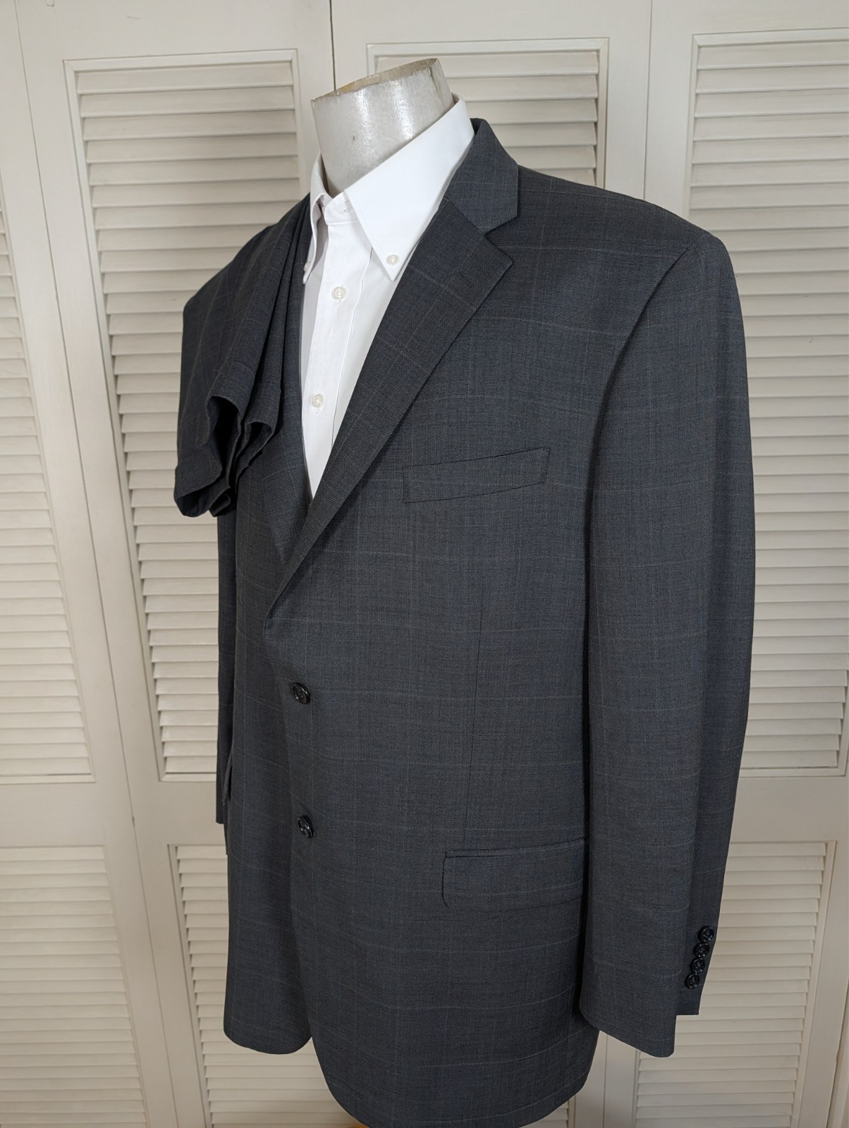 Jones New York JNY 2 Piece Suit Mens 46L 40×31 Gray Windowpane Check Wool Grid