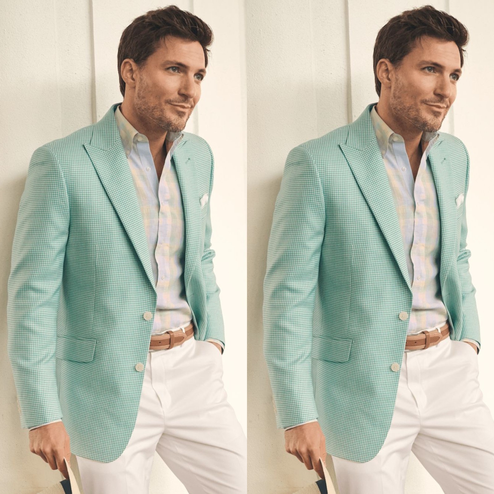 Seersucker Green Plaid Men 2Pcs Suits Peak Lapel Blazer Summer Beach Jacket