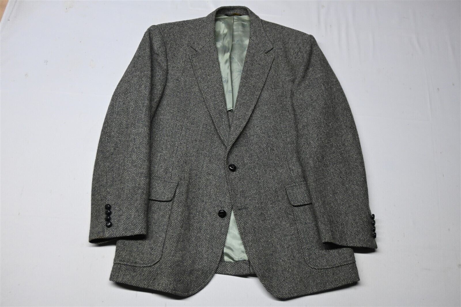 Vtg Haggar 44R Gray Herringbone Tweed Wool Mens Blazer Sport Coat Jacket