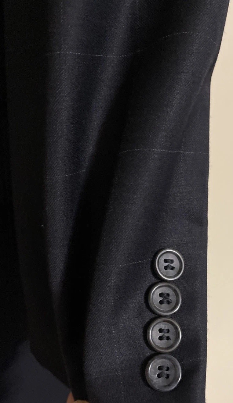 Montefino Uomo Suit Men’s 52L 2Pc Navy Blue Windowpane 100% Merino Wool 3-Button