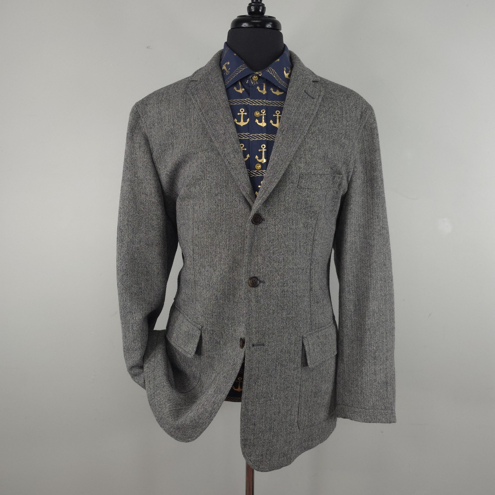 Cremieux Blazer Mens XL Gray Herringbone Wool Tweed Sport Coat Jacket Patches