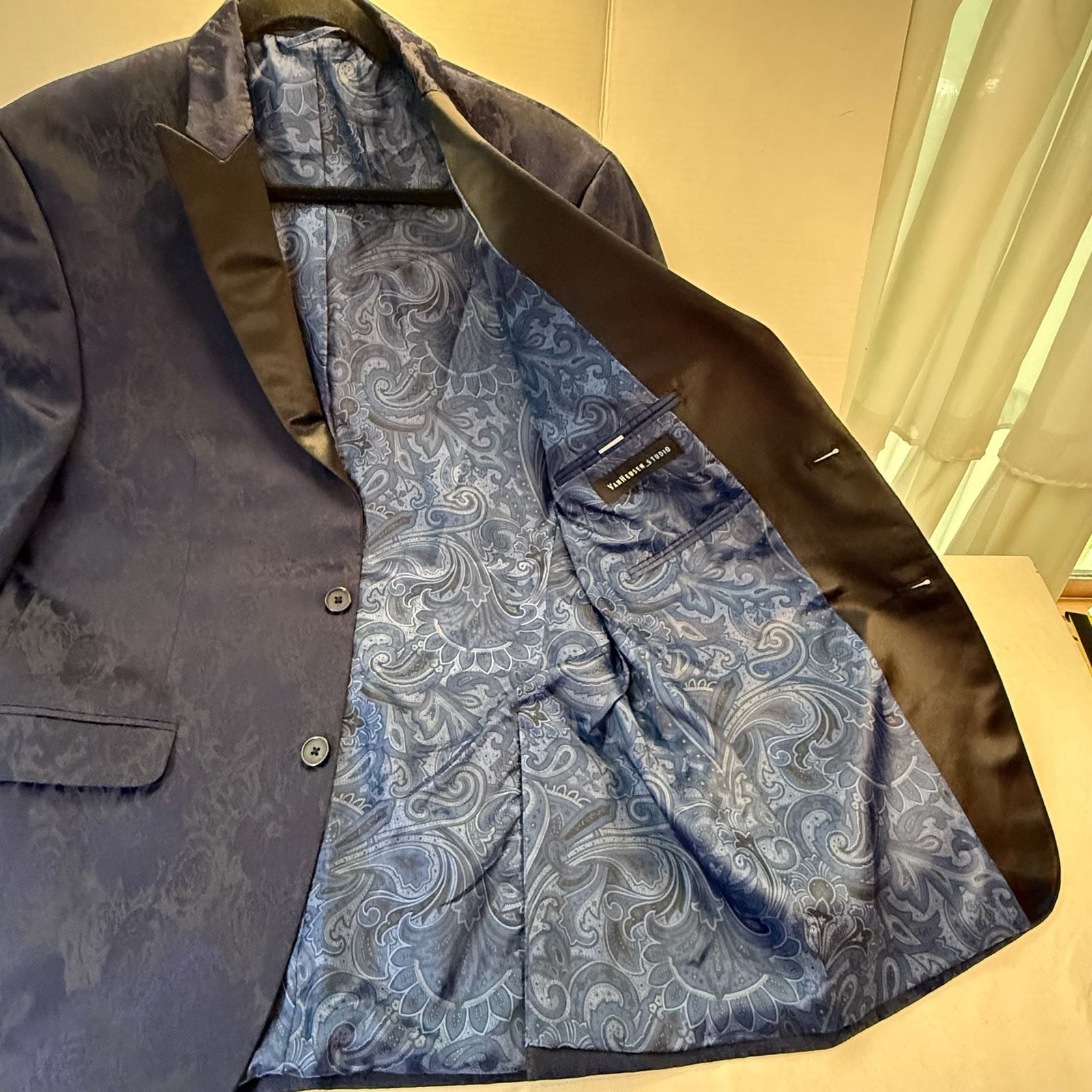 Van Heusen Studio Navy Blue Floral Jacquard Tuxedo Blazer with Satin Lapels