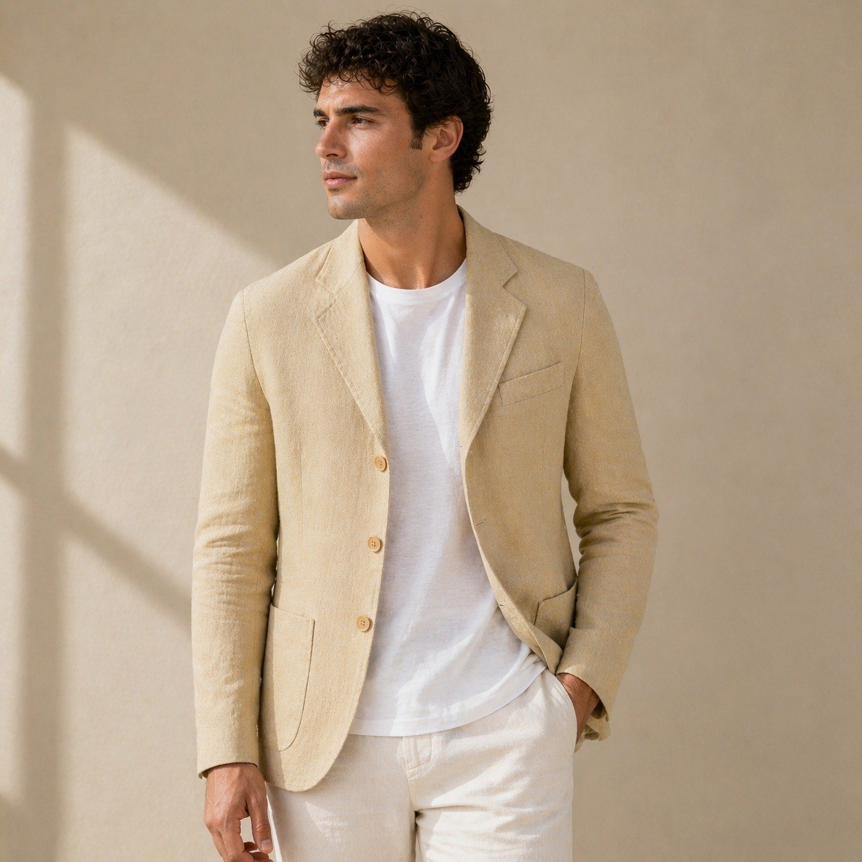 Vintage Made in France New Man Blazer Men 34 Yellow Linen Cotton Blend 3-Button