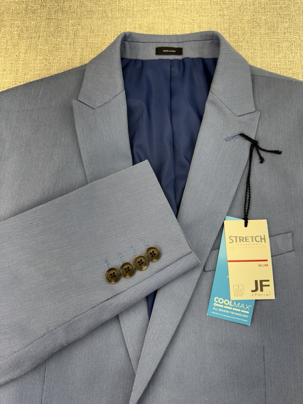 JF J Ferra Mens 40 Long Blue Cool Max Stretch Cotton Blend Slim Fit Blazer