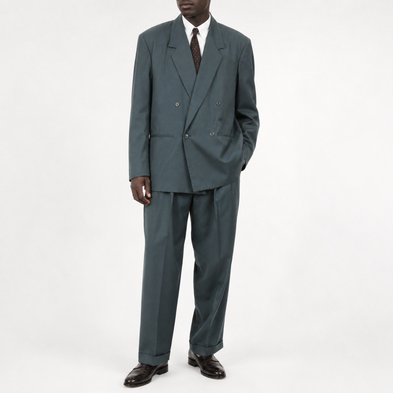 90s Vintage Double Breasted Suit Men 42R Cotton Sateen Teal Green Pleated Pants