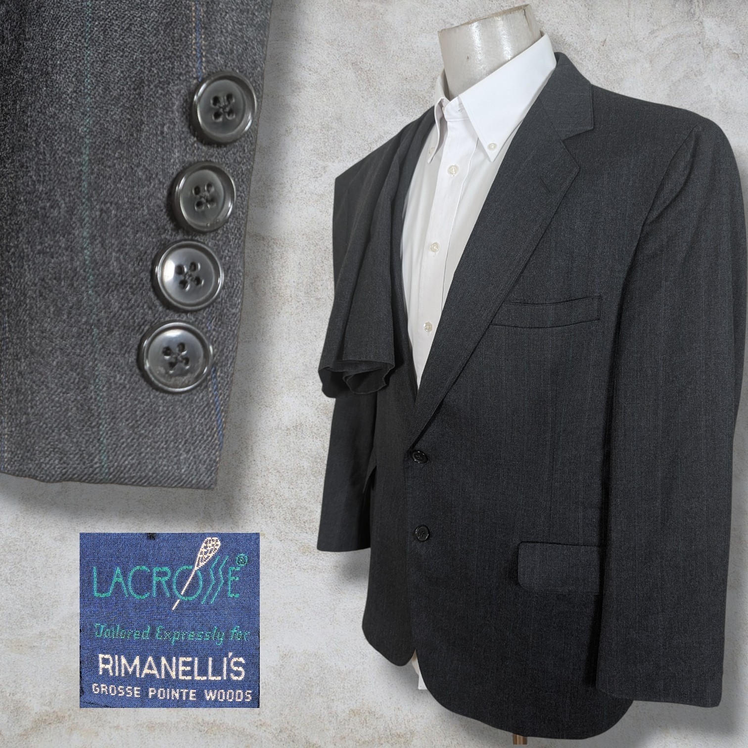 Lacrosse Vintage 2 Piece Suit Mens 44S 38×29 Gray Purple Green Stripe