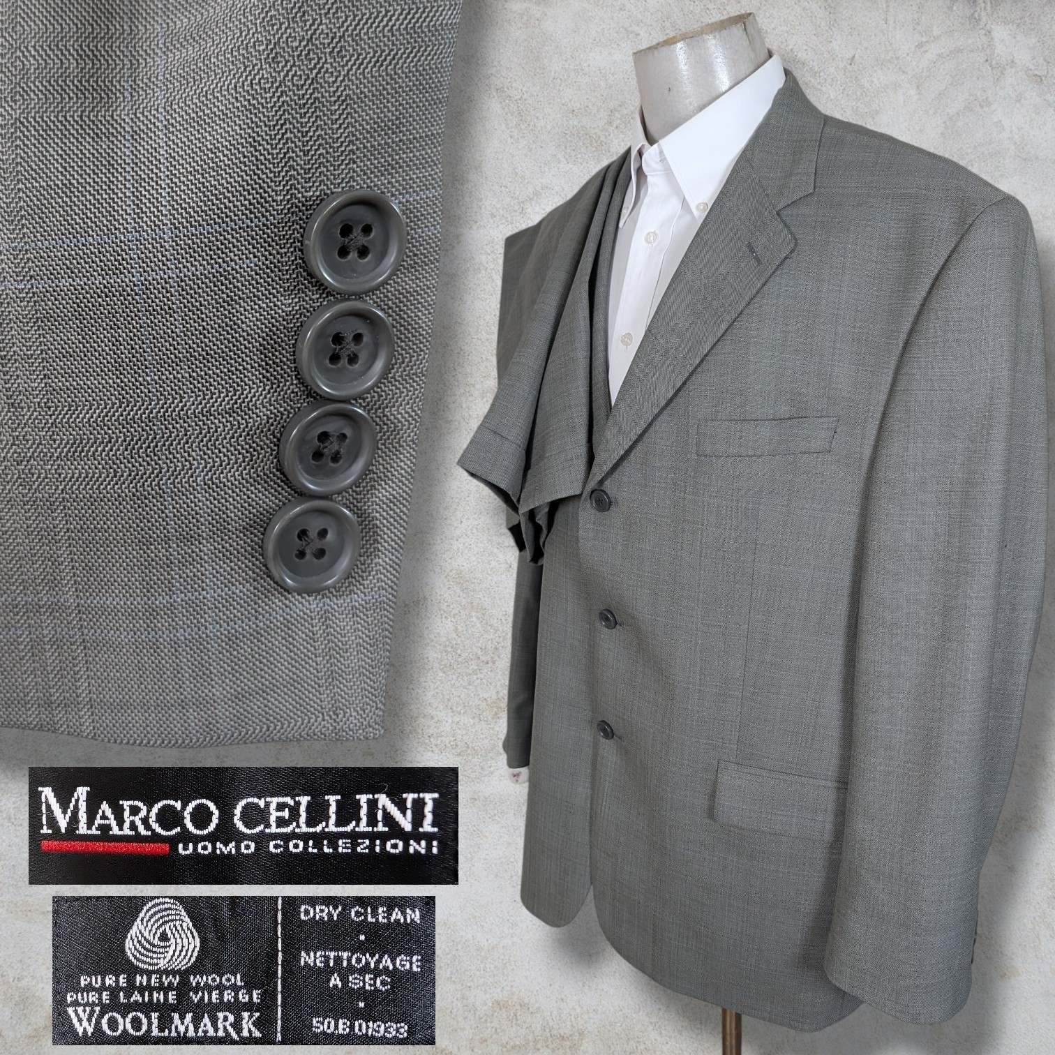 Marco Cellini 2 Piece Suit Mens 46R 38×32 Gray Three Button Wool Pleated
