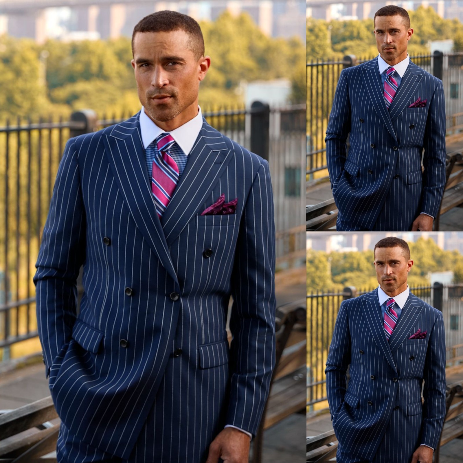 Men Navy Pinstripe DB Wool Slim Suit Peak Lapel Wedding Custom Trousers