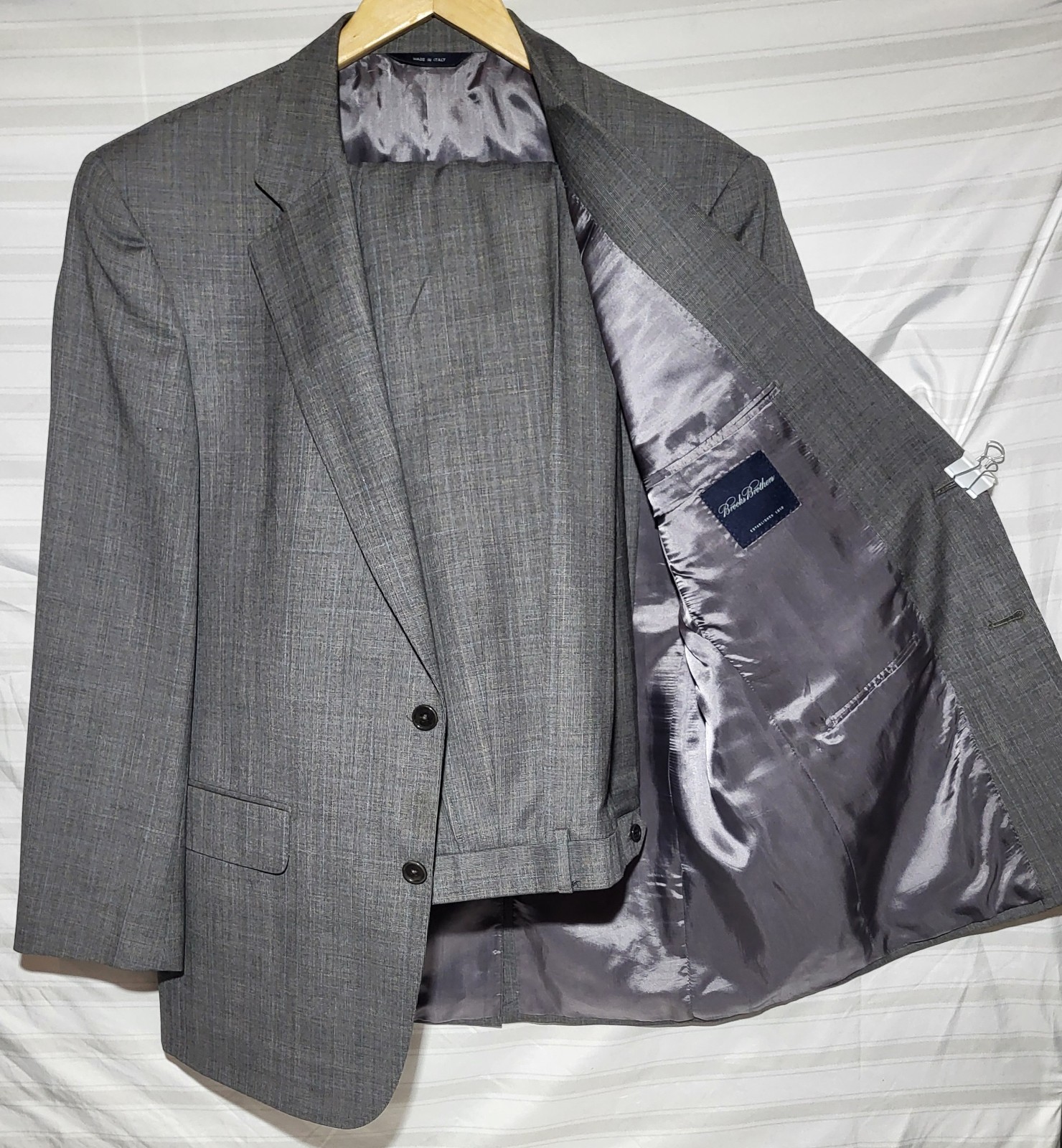 Men’s Brooks Brothers 100% Wool Gray Plaid Suit Coat With Pants, Made In Italy