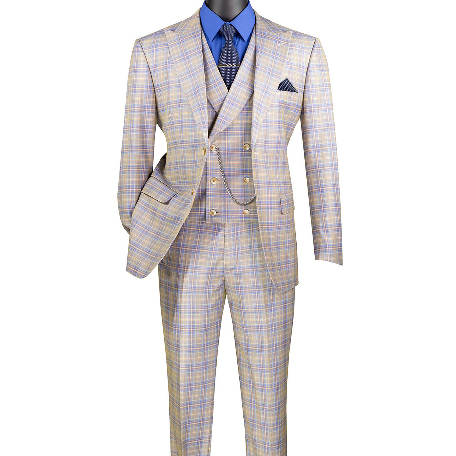 Handsome Men Modern-Fit, 3-pc Windowpane Suit BLUE (Stretch), w/Socks, $359+