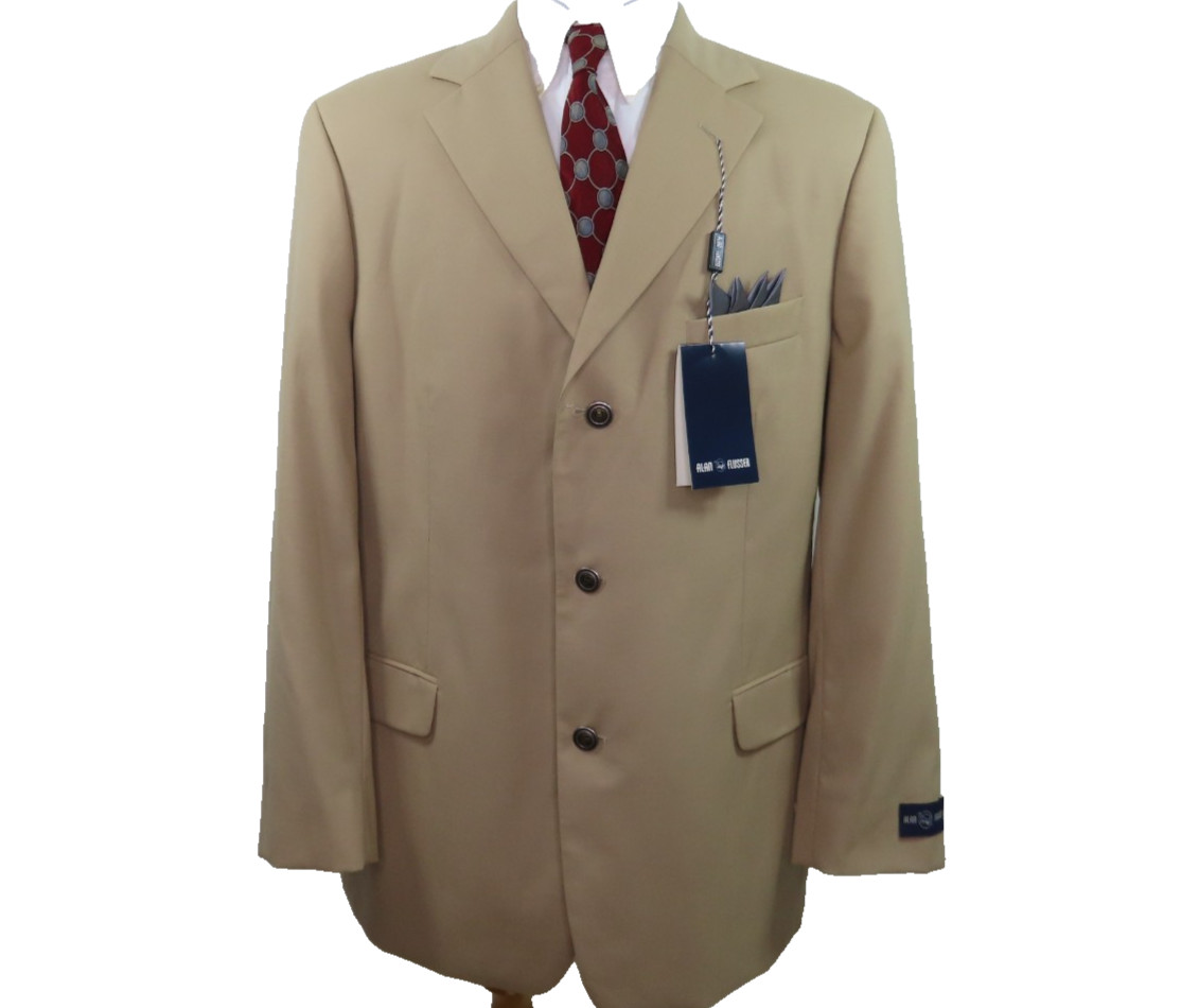 Alan Flusser Mens Pure Wool Khaki Beige Blazer Jacket Sport Coat 44 R NWT NEW