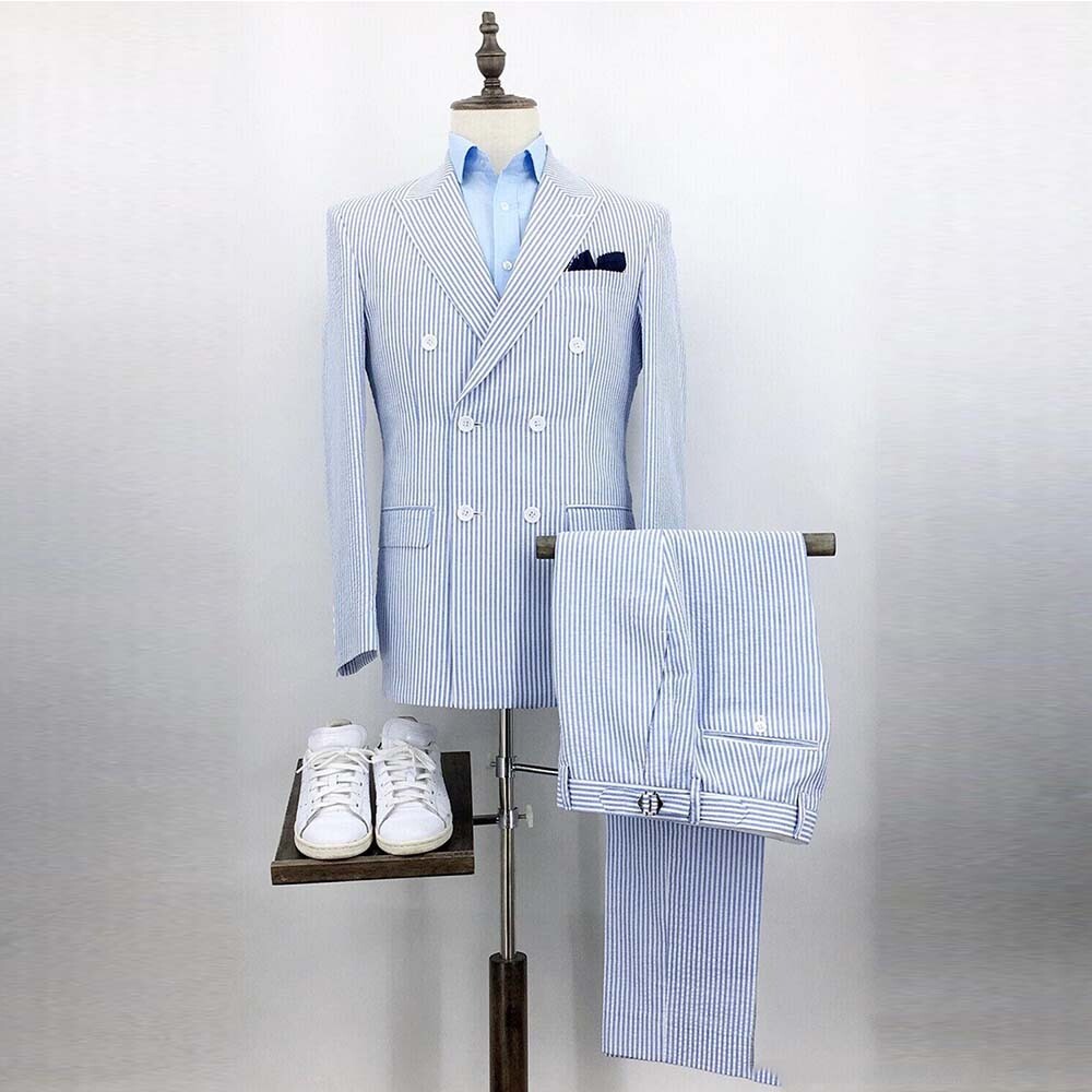 Seersucker Men Suit Blue Wide Peak Lapel Formal Business Party Groom Blazer Coat