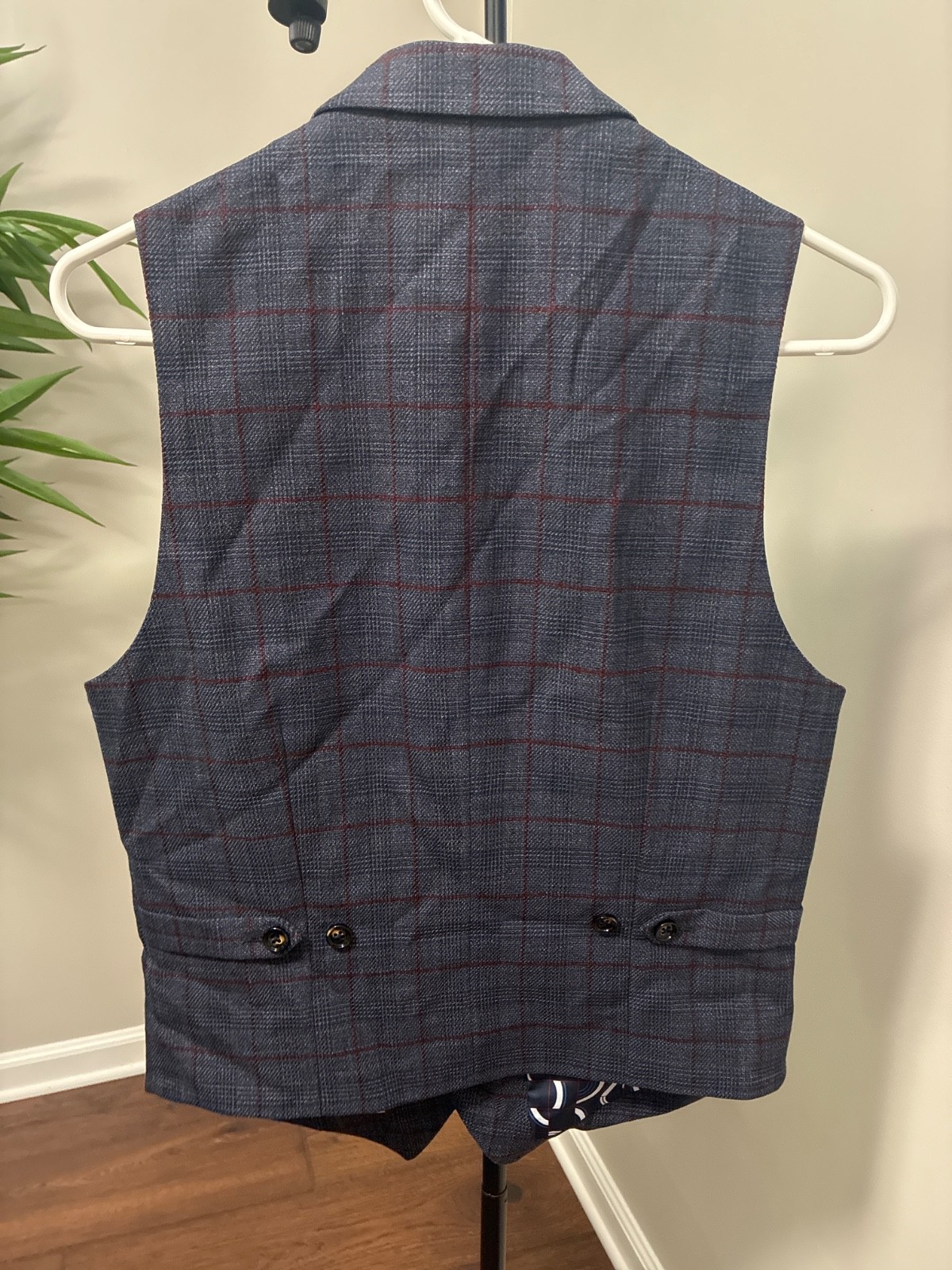 Murano Mens Navy Blue and Red Plaid Small Vest/ Mixed Cloth Vest