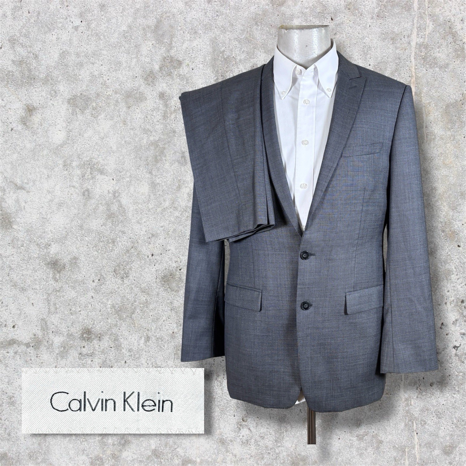 Calvin Klein 2 Piece Suit Mens 40L 34×31 Solid Gray Wool Extreme Slim Fit