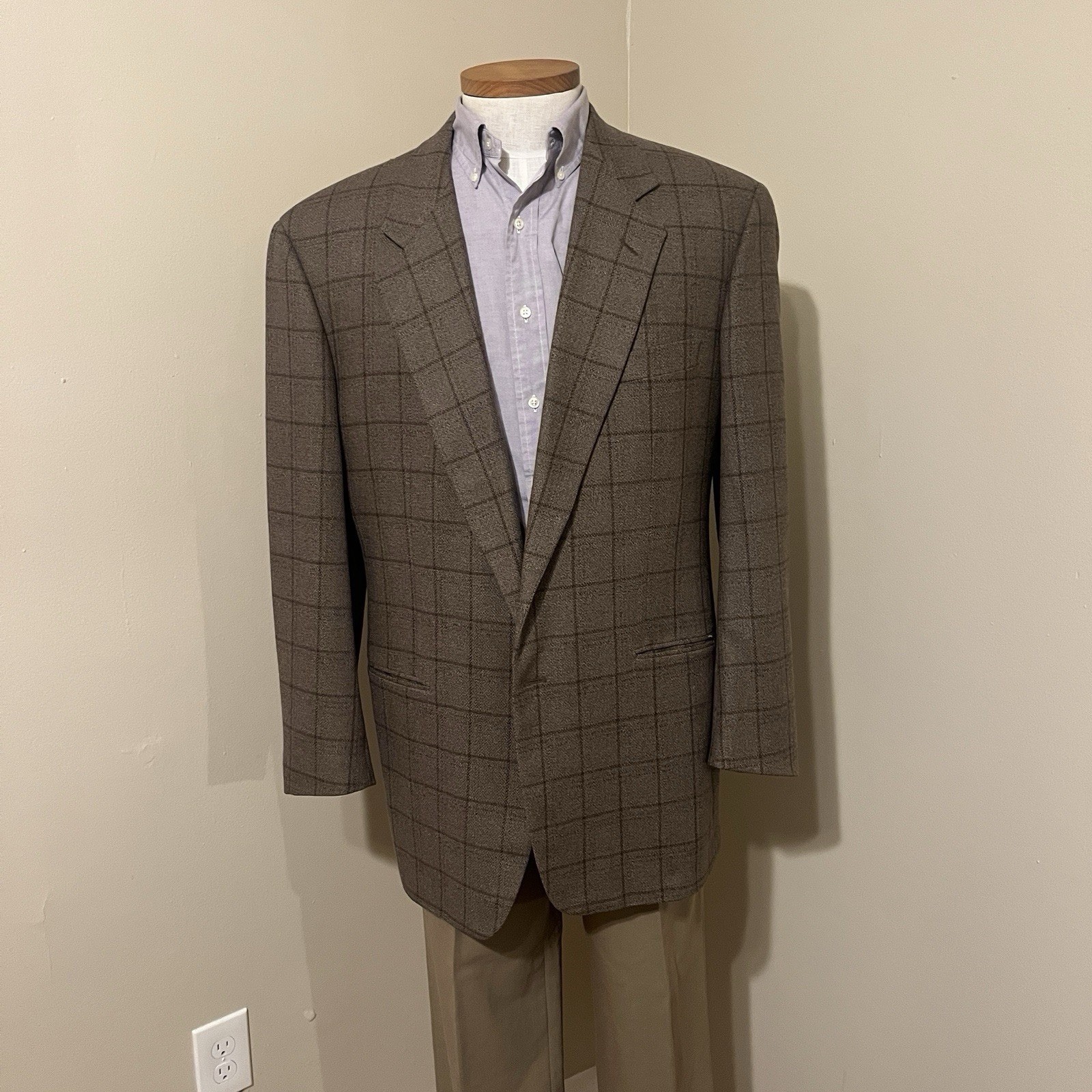 Corneliani Wool Cashmere Blazer Brown Tan Windowpane 46L