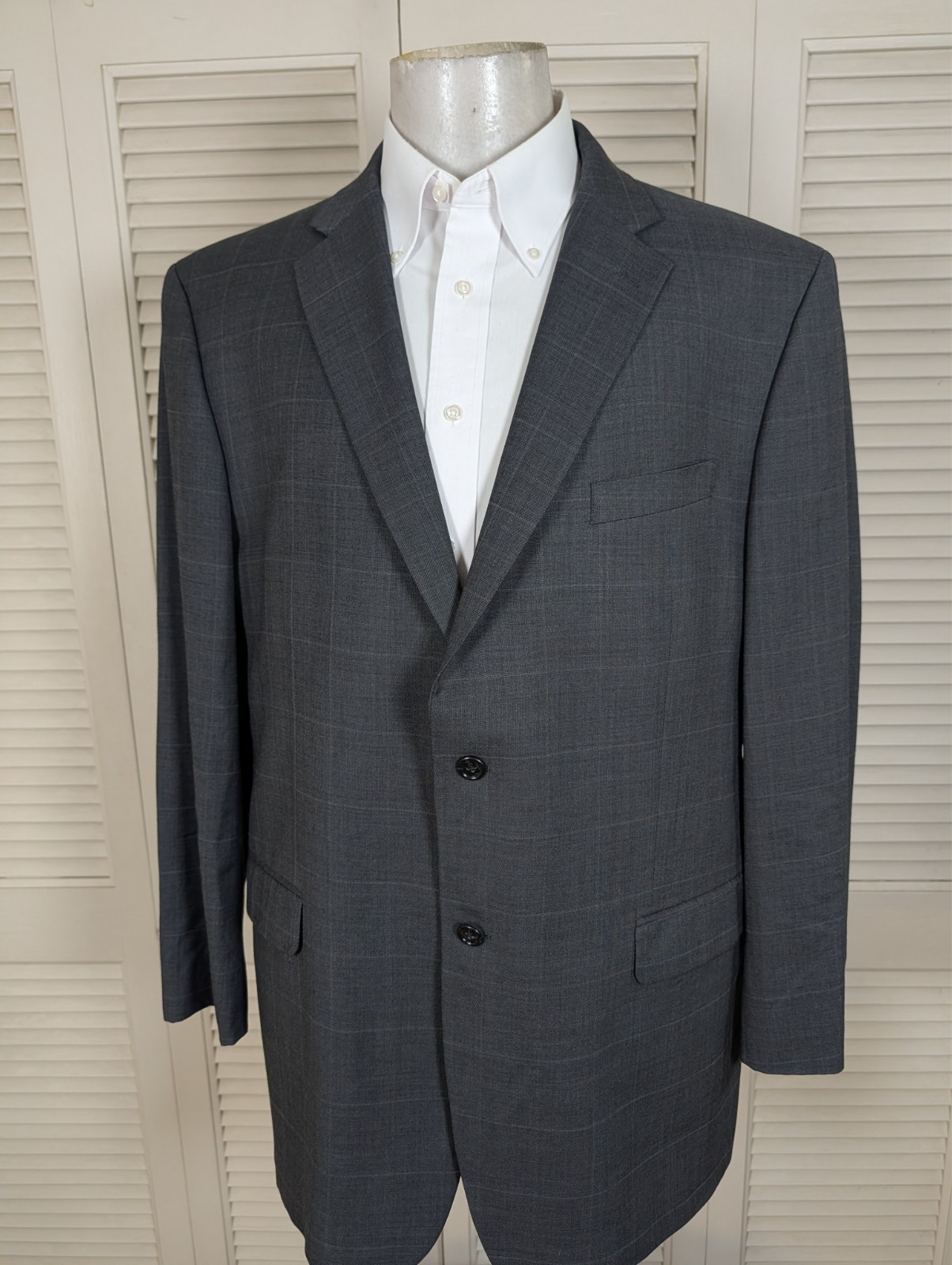 Jones New York JNY 2 Piece Suit Mens 46L 40×31 Gray Windowpane Check Wool Grid