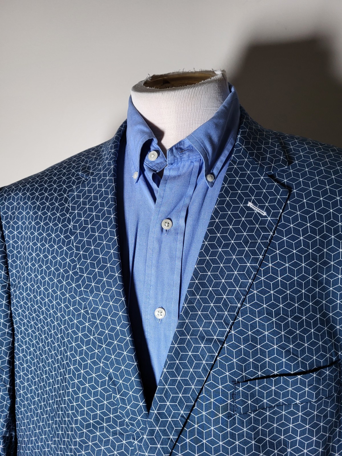 52R Linea Uomo Geometric Cube Print Cotton Lightweight Blue Blazer Sport Jacket