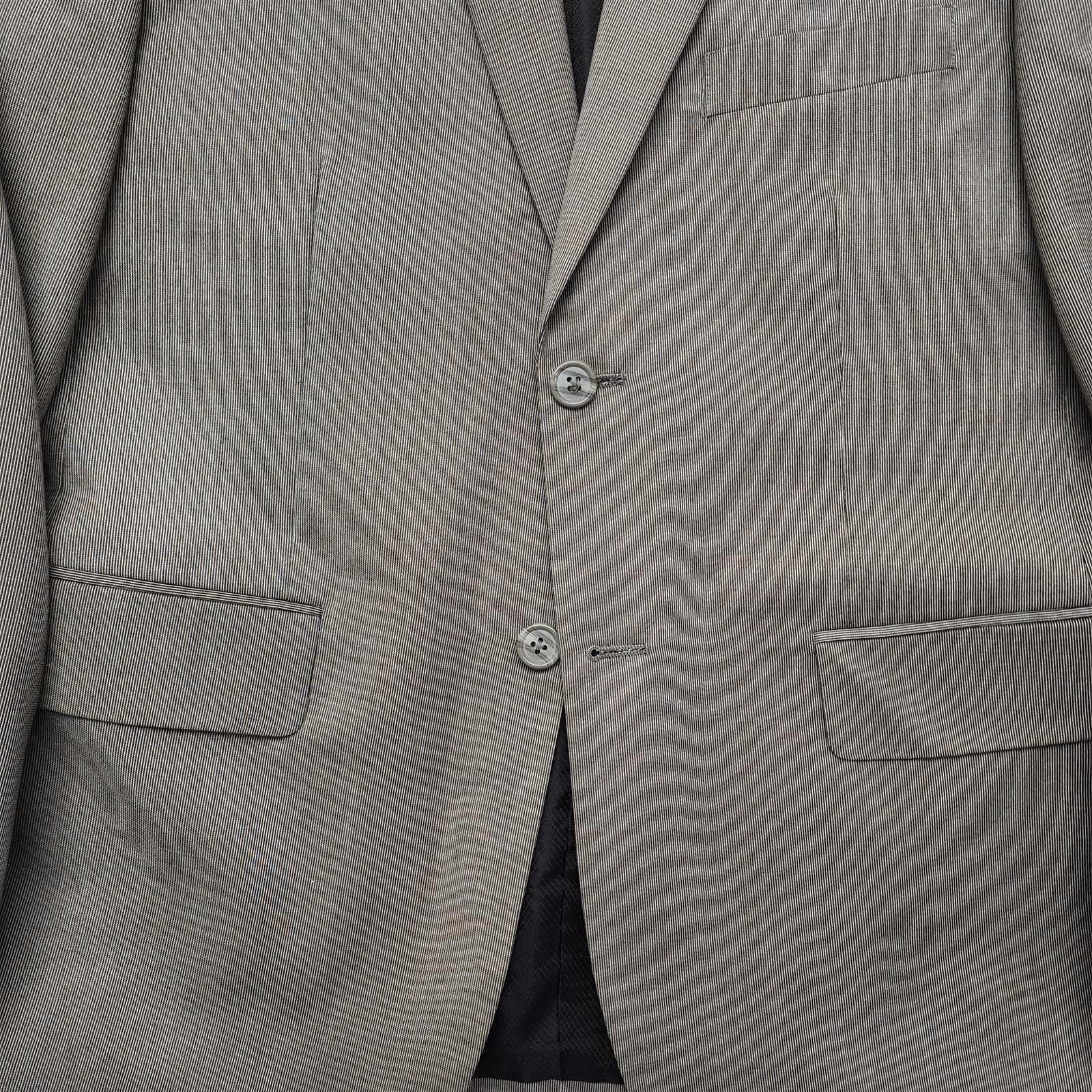 Wilke-Rodriguez 38S 32×32 Taupe Striped Wool Blend Mens Jacket Pants Suit