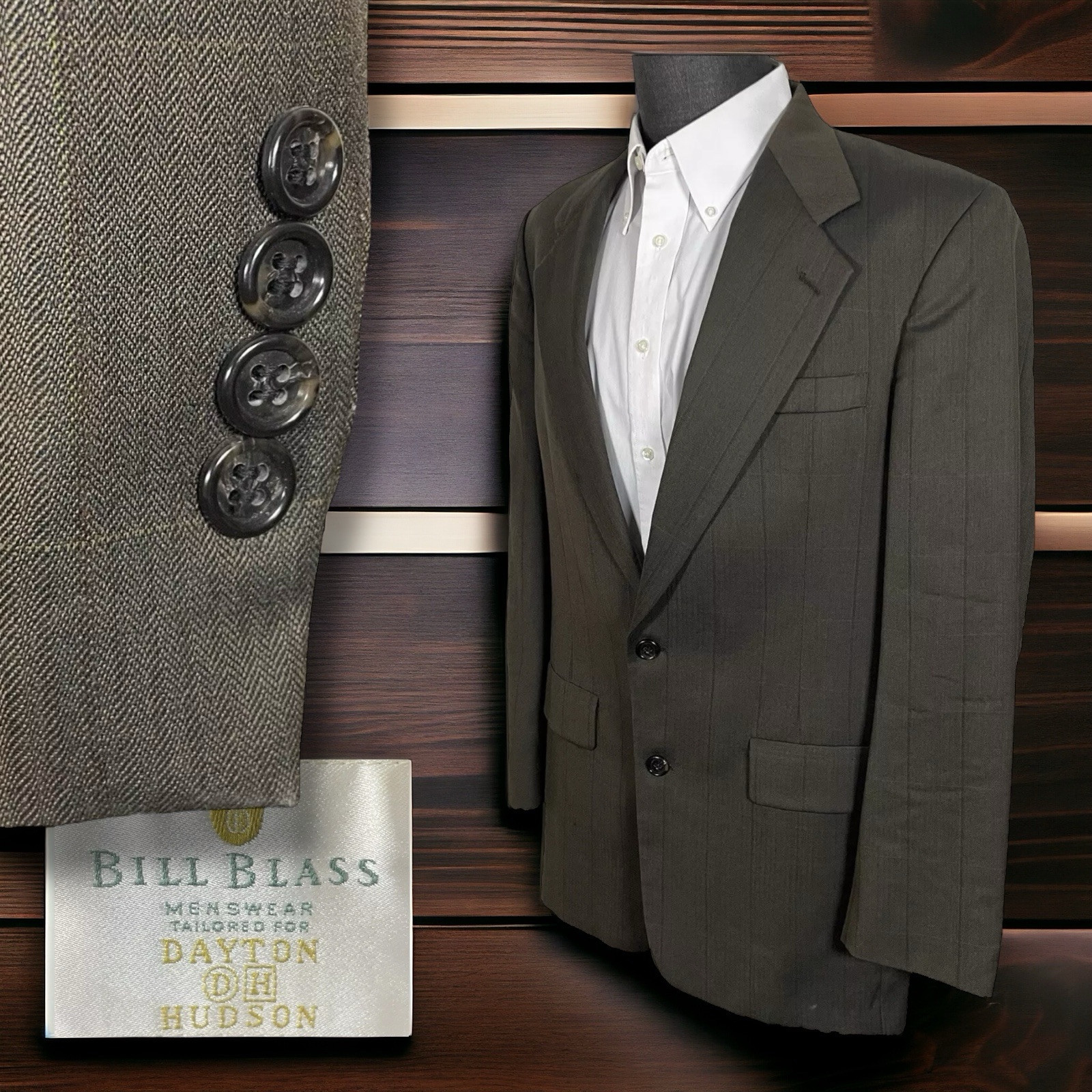 Bill Blass Blazer Jacket Mens 42L Brown Plaid Wool Herringbone USA Made