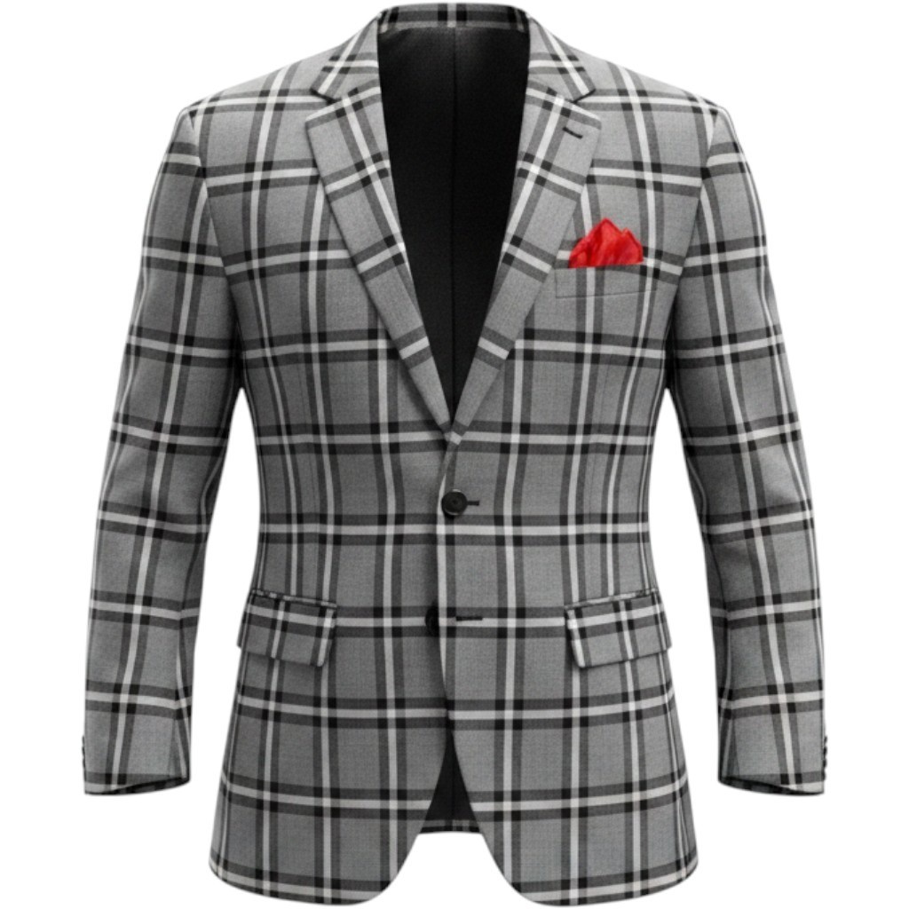 (CL) Bocaccio Uomo Mens Grey Black Plaid Blazer Sport Coat 48R w/ Pocket Square