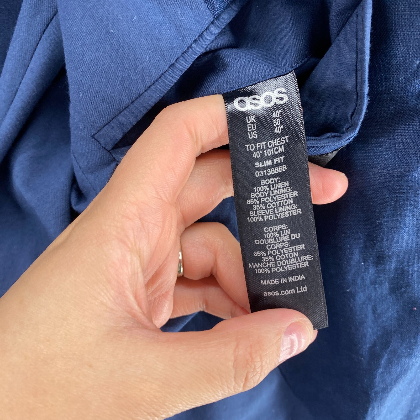 Asos Blazer Men 40 Blue Button Up Collared Long Sleeve Linen Lined Regular Fit