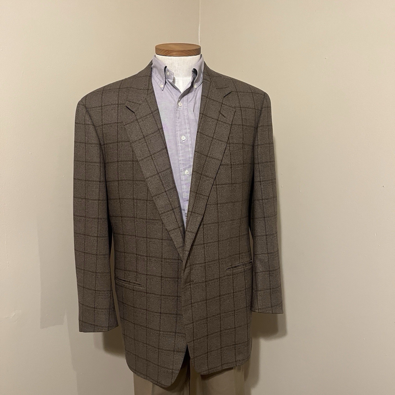 Corneliani Wool Cashmere Blazer Brown Tan Windowpane 46L