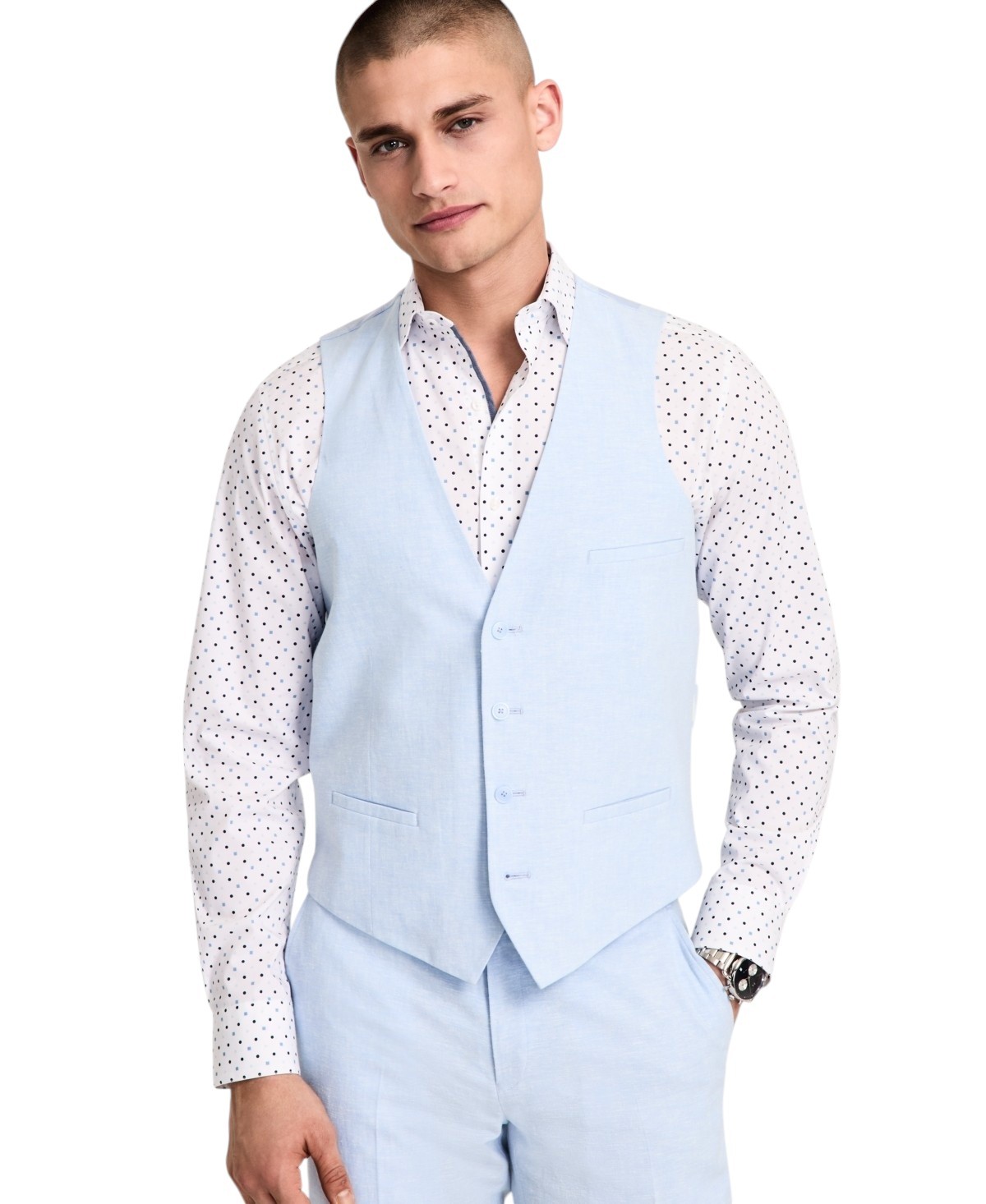 Bar Iii Mens Slim fit Button-Up Suit Vest XL Light Blue Solid Linen Linen