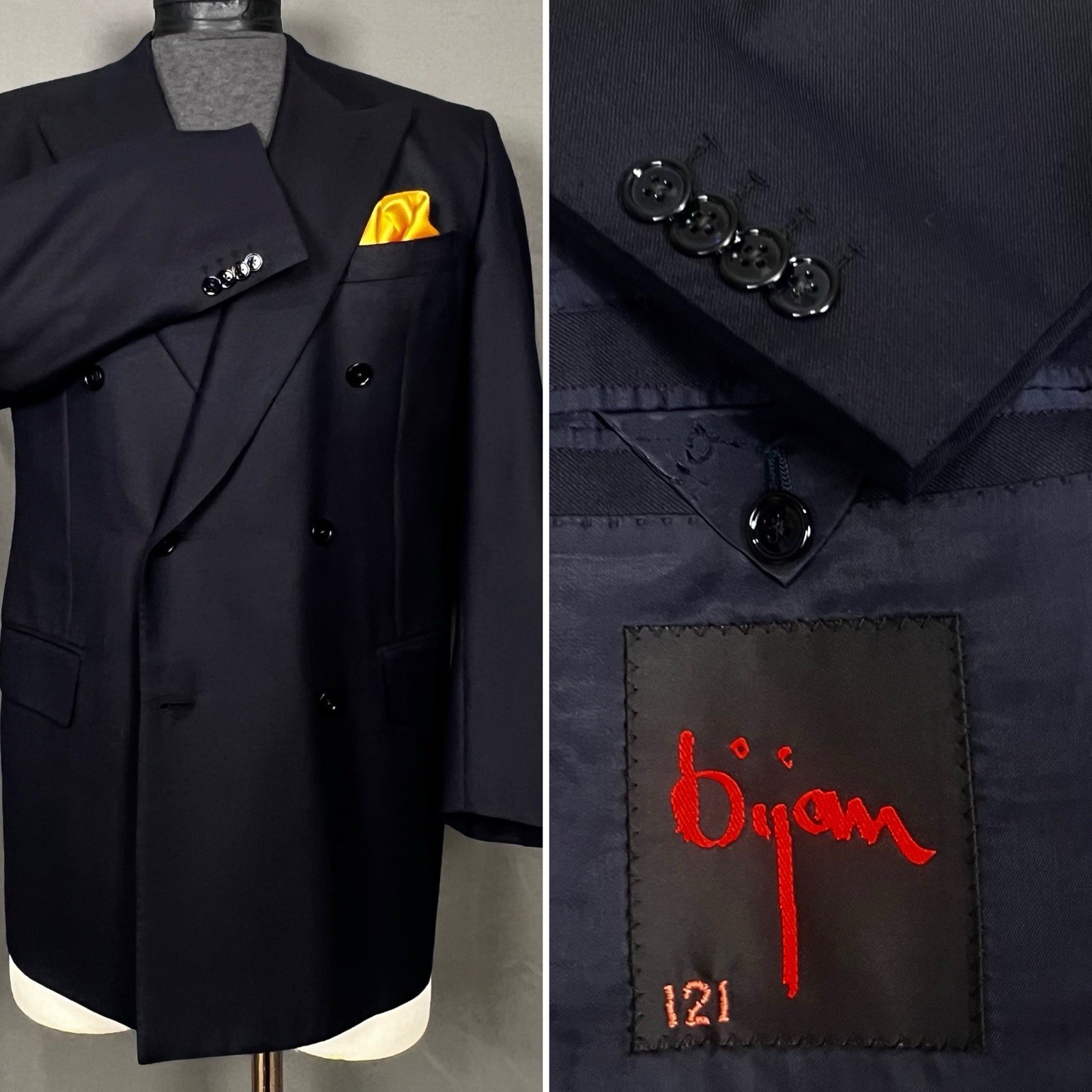 House of Bijan x Isaia Navy Blue Double Breasted Blazer Bespoke Sport Coat 46R