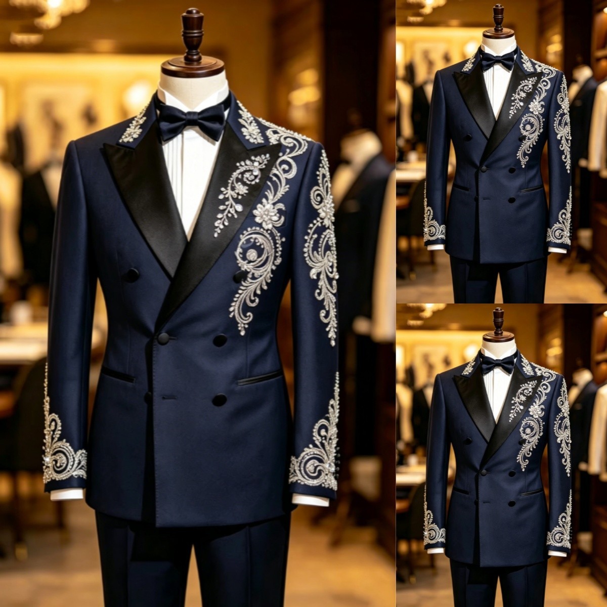 Navy Business Men’s Suits Double Breasted 2Pcs Gold Appliques Peak Lapel Coat