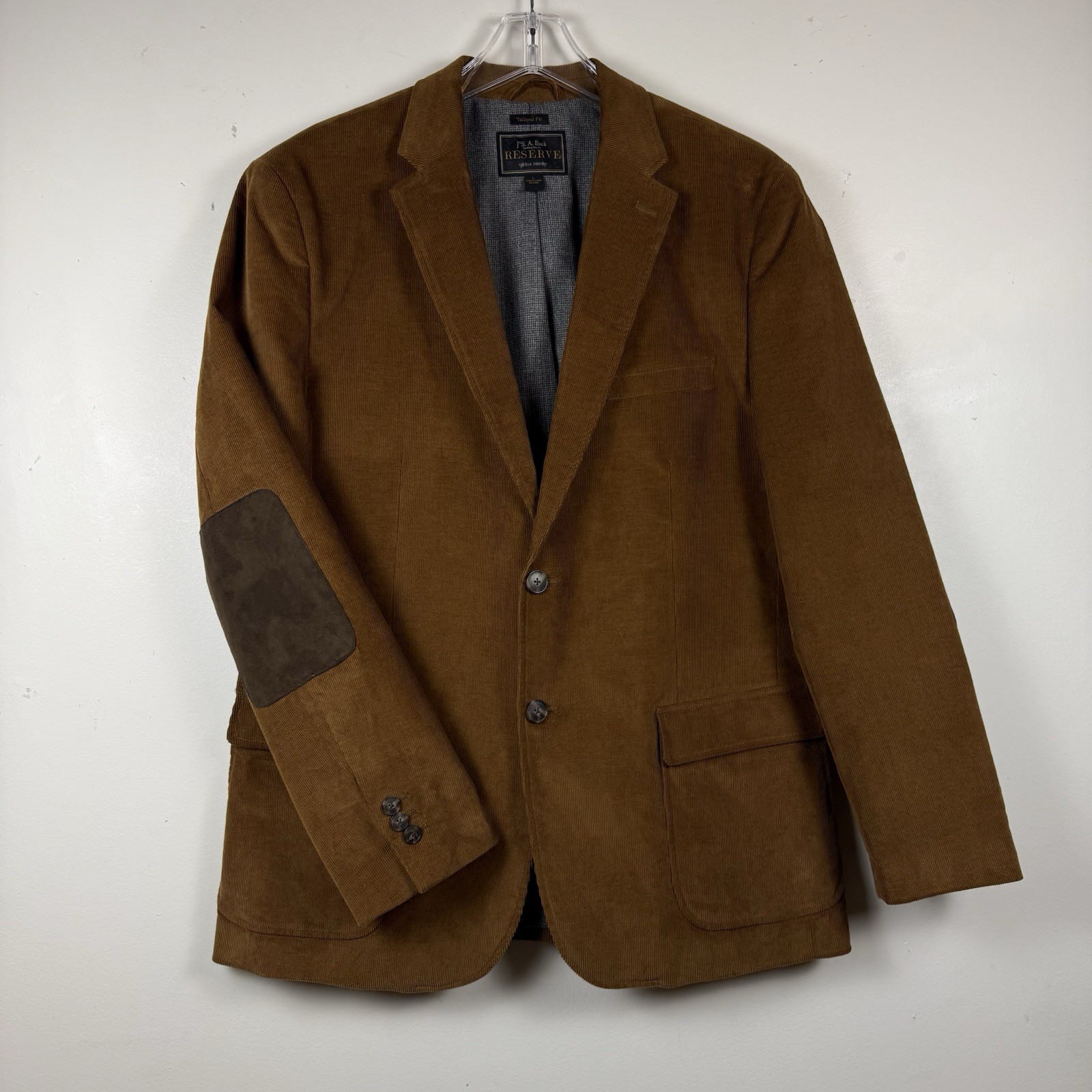 Jos A Bank Reserve Corduroy Blazer Jacket Mens SZ L Brown Elbow Patch Sport Coat