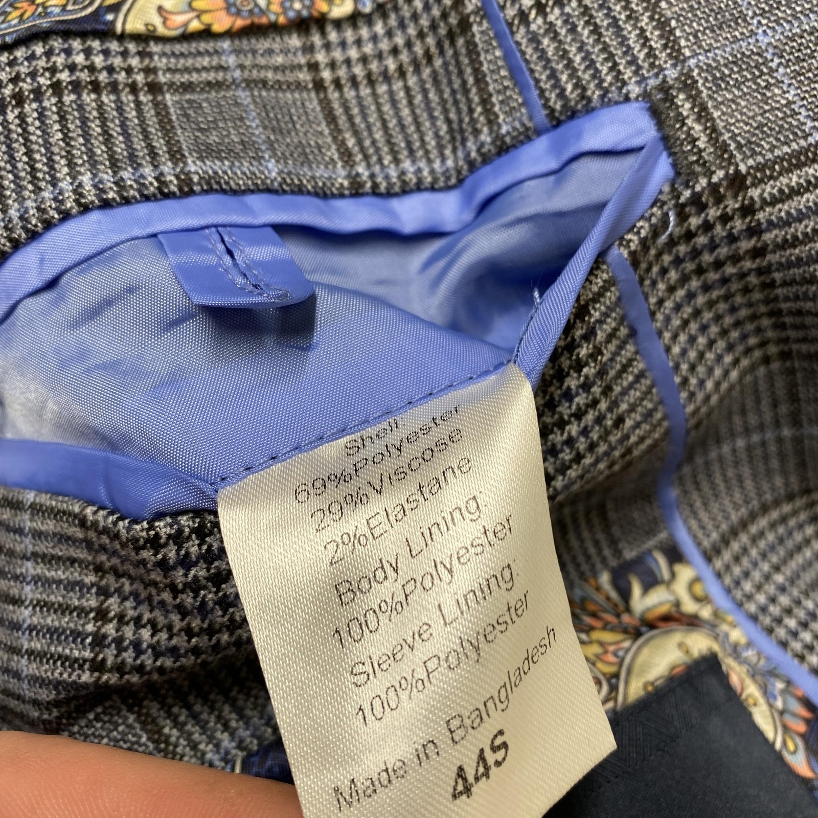 Sawyers & Hendricks 3 Piece Suit Men’s 44S Blazer 38S Trousers Grey Blue Check