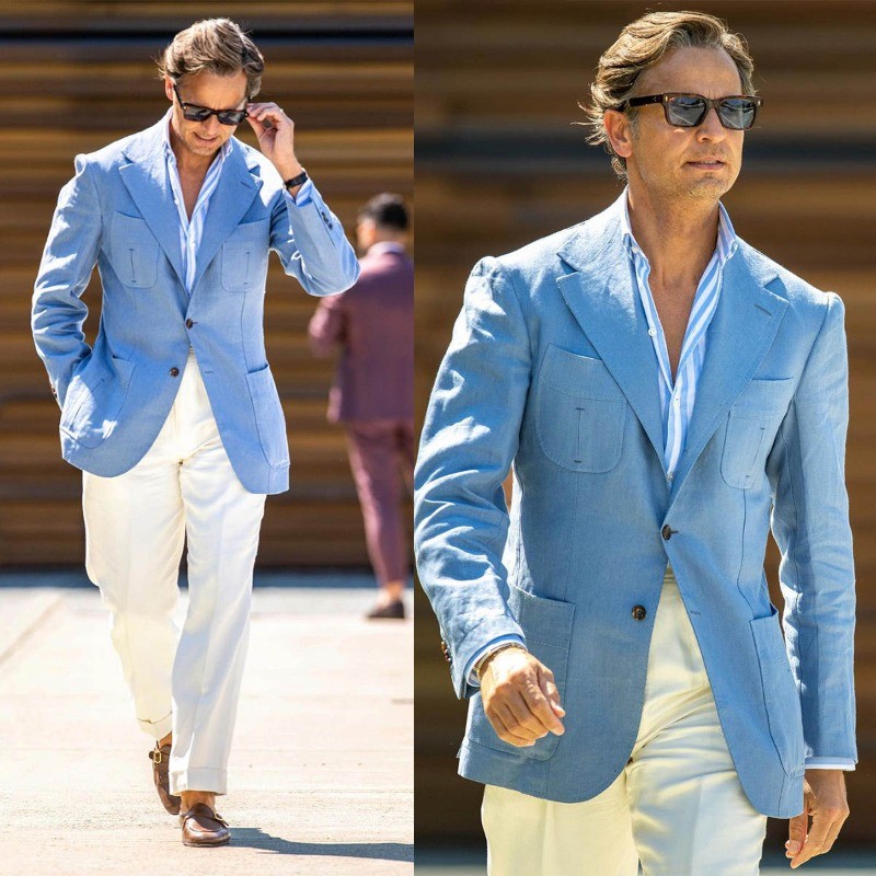 Light Blue Linen Men‘s Blazer Multi-Pocket Summer Casual Wedding Business Jacket