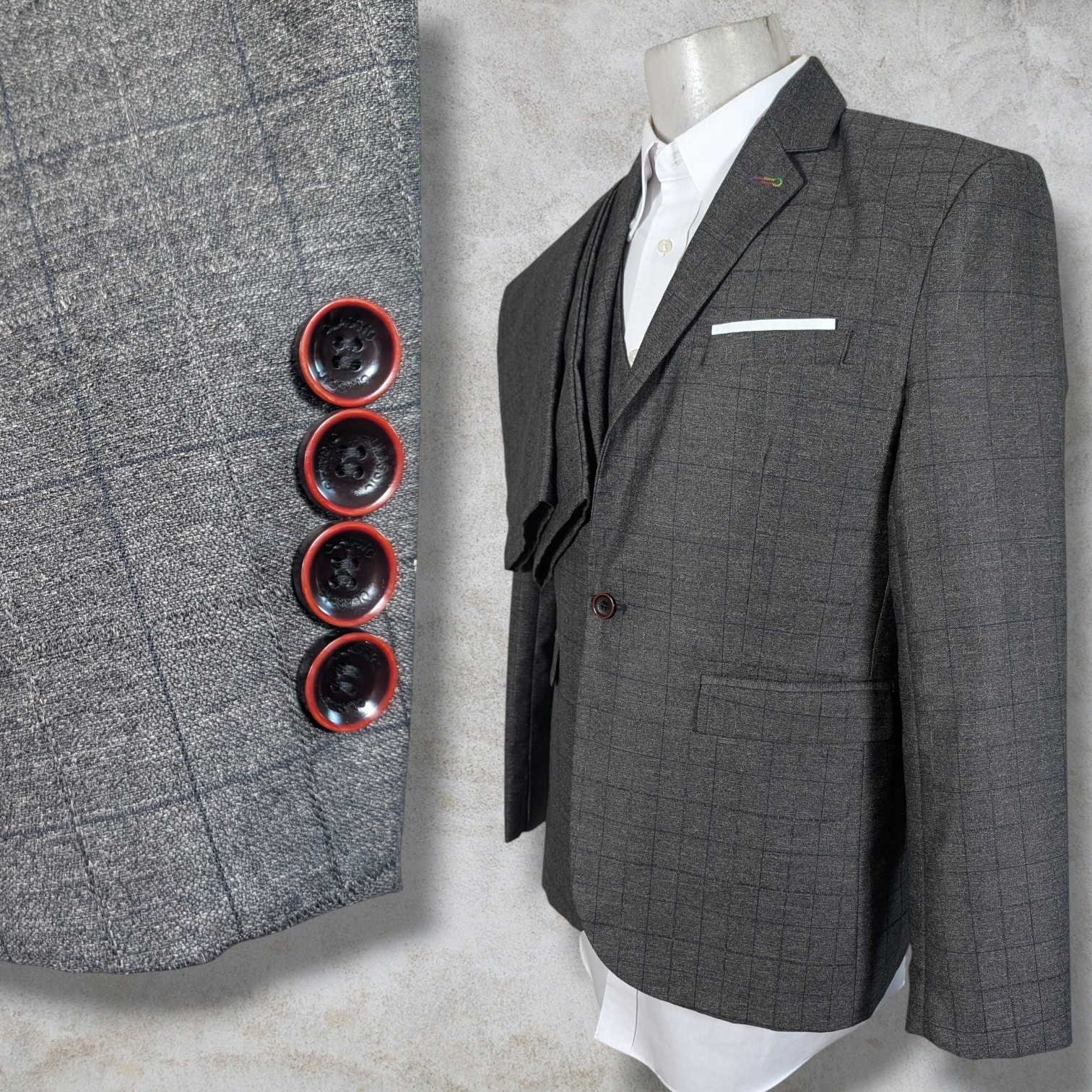 Bespoke 3 Piece Suit Mens 38R 36×31 Brown Gray Grid Check Pants Vest Windowpane