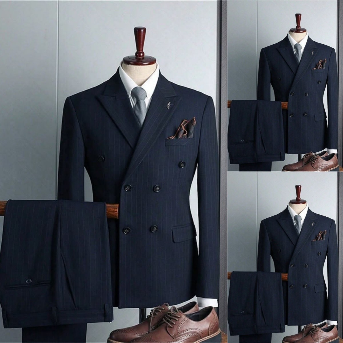 Men Navy Pinstripe DB Slim Wool Suit Peak Lapel Wedding Custom Trousers