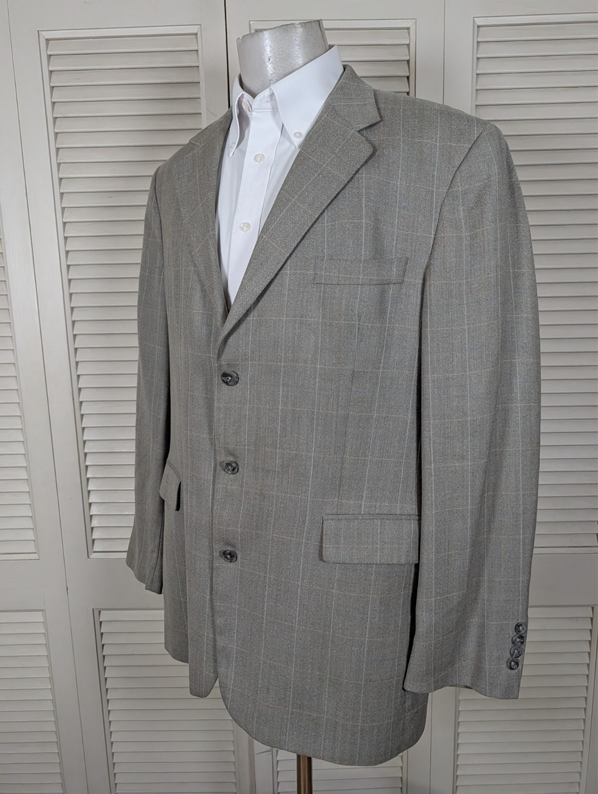 Stafford Blazer Jacket Sport Coat Mens 44R Windowpane Check Gray Blue Wool