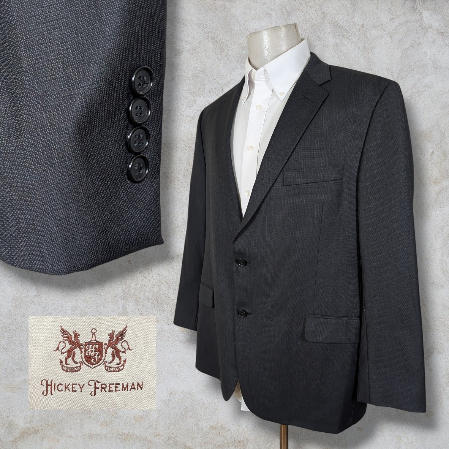 Hickey Freeman Blazer Jacket Mens 46R Dark Gray Solid Wool 2 Button Front