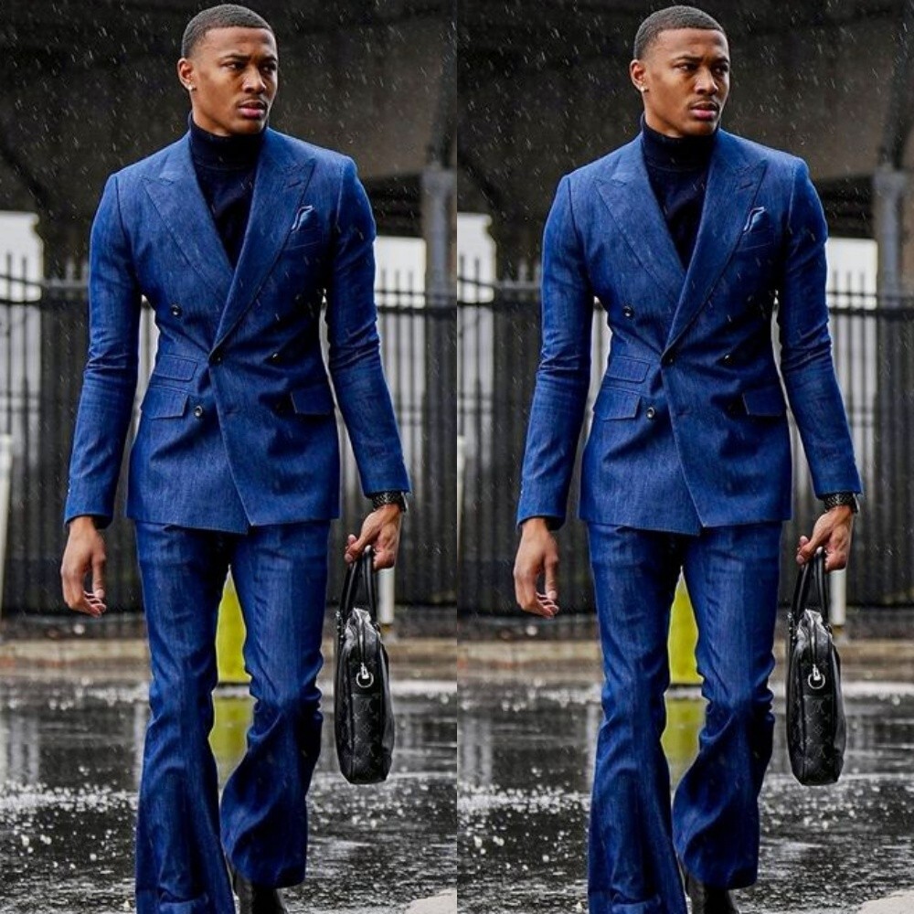 Blue Denim Double Breasted Men Suit Flared Pants Custom Wedding Formal Tuxedo
