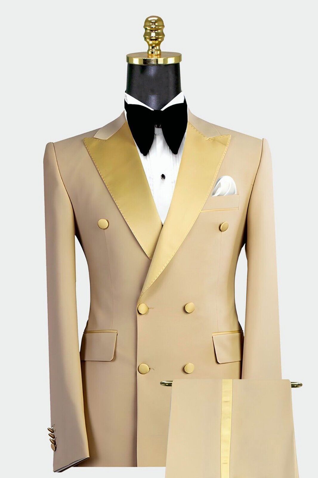Mens Gold Suits Double Breasted Wide Lapel Wedding Business Formal Tuxedo Custom