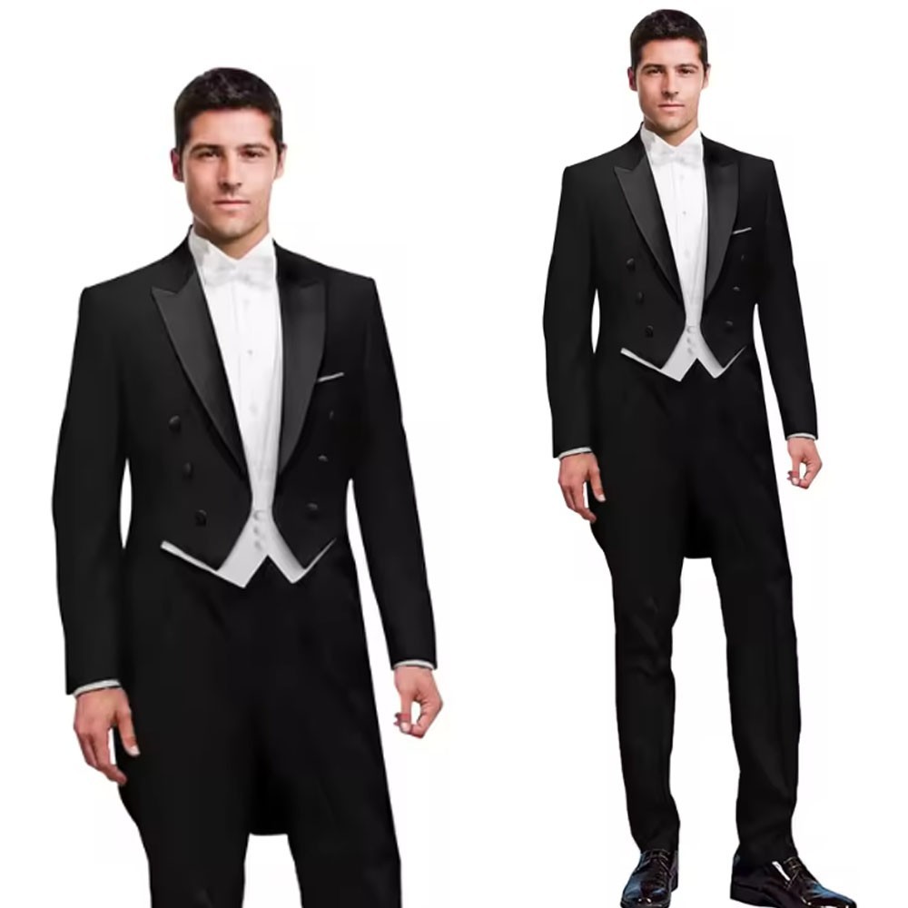 3 Piece Black Men Suit Wedding Groom Tuxedo Long Tailcoat Best Man Formal Prom