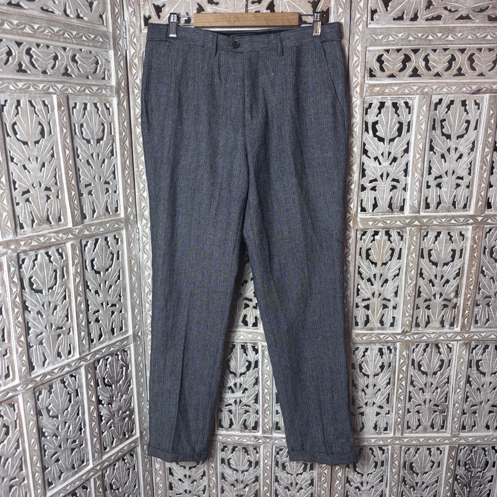 Solovedress Mens VTG Herringbone Tweed Mens Business Pants Preppy Retro 34Wx32L