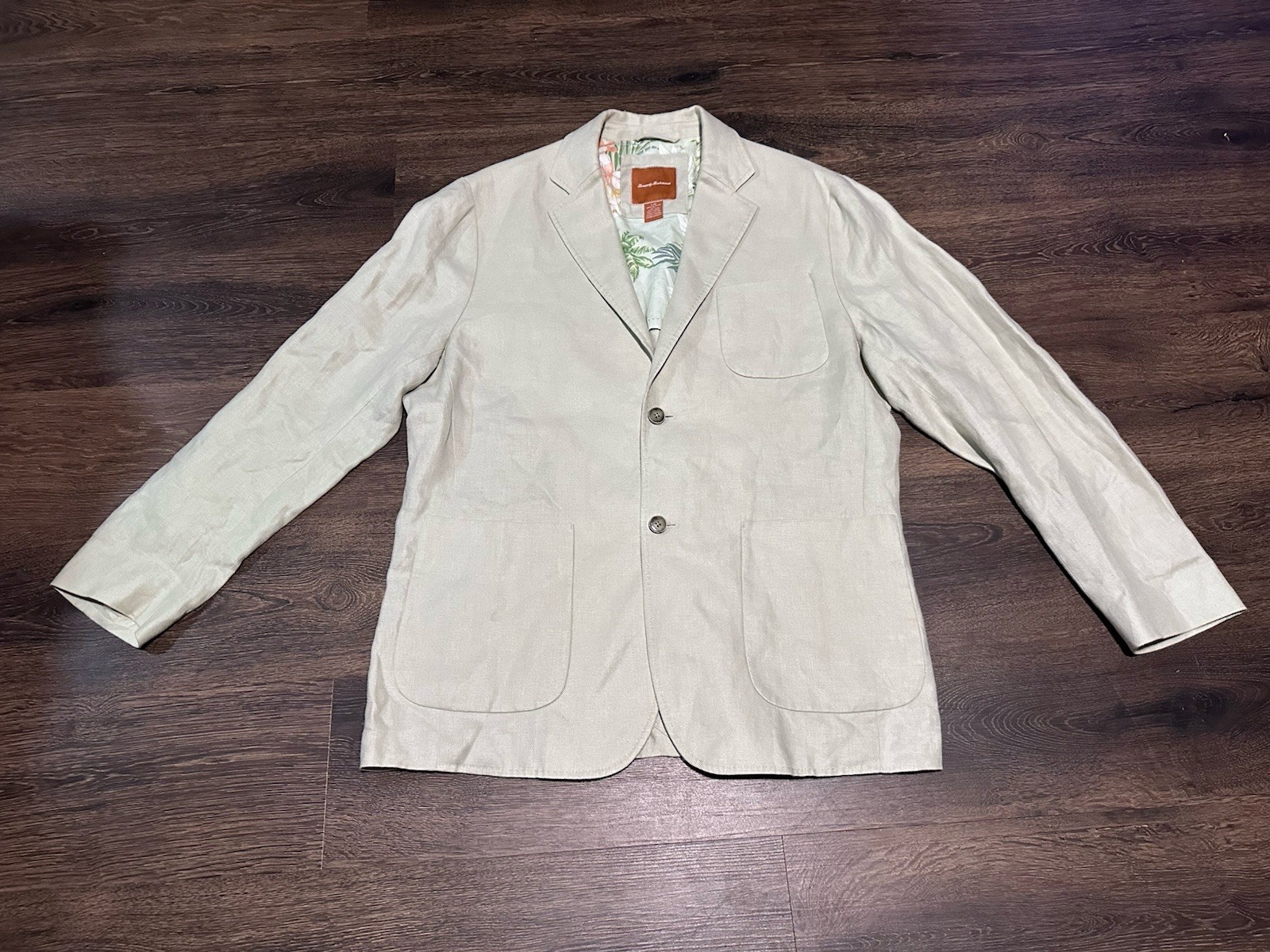 TOMMY BAHAMA SZ L Beige Linen Sport Jacket Blazer Sleeves Acetate Liner Cut Out