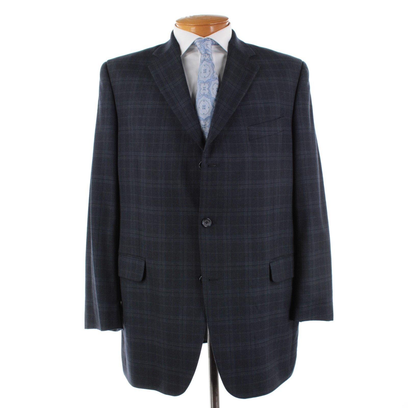 Jack Victor Super 110’s Wool Sport Coat Size 44L US In Blue w/ Gray & Blue Plaid