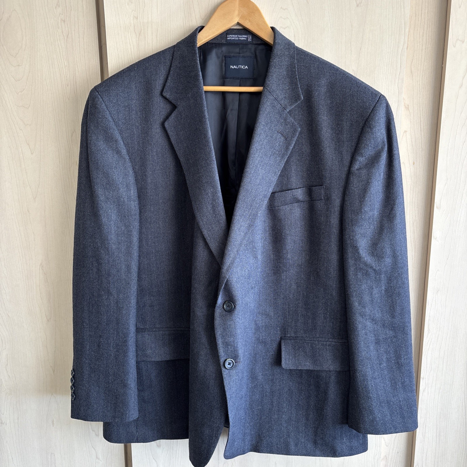Nautica Blazer Mens 48S Blue Herringbone Lambswool Sport Coat Two Button