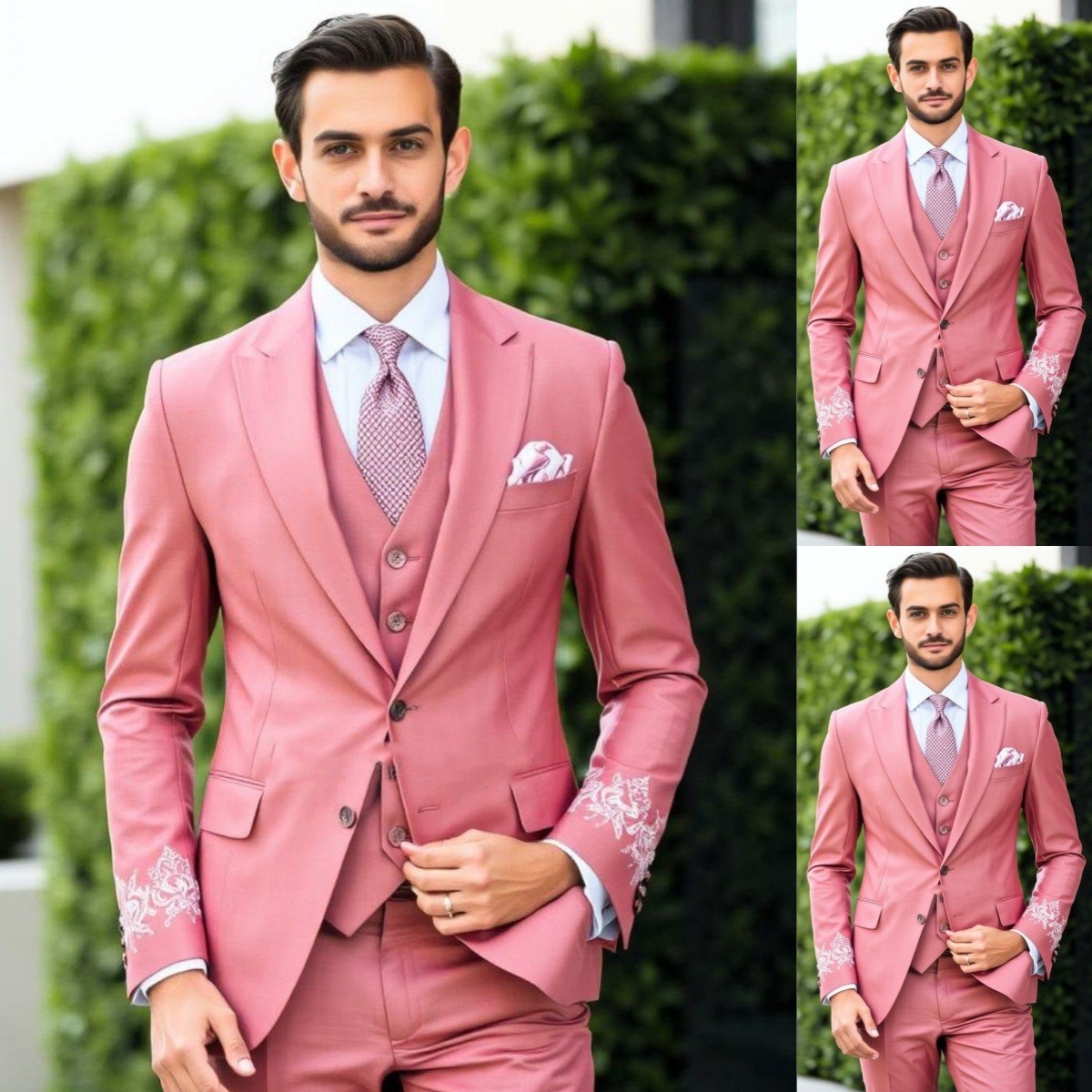 Men Blush Embroidered 3pc Slim Wool Suit Notch Lapel Wedding Custom Vest