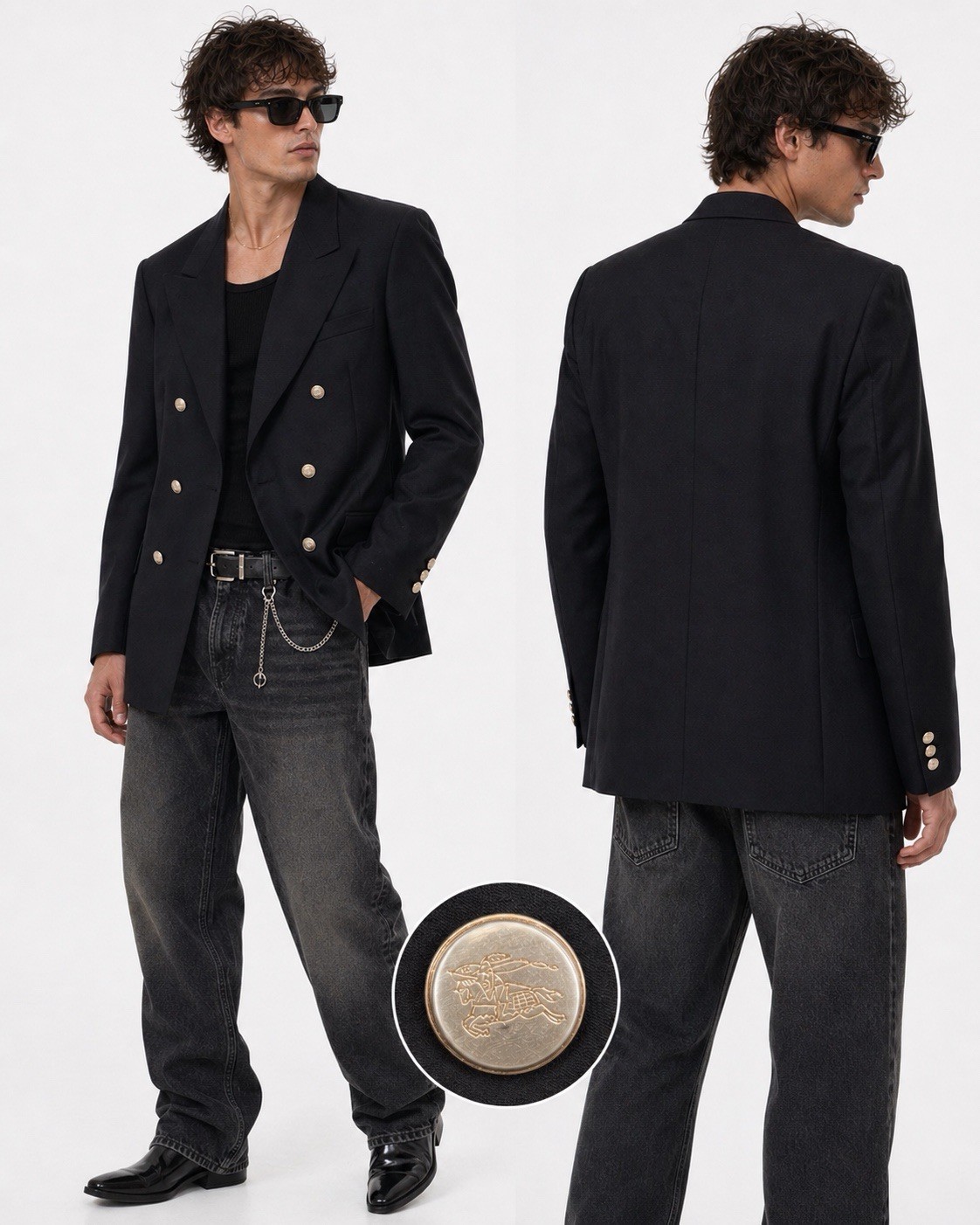 BURBERRYS Prorsum Black Logo Button Double Breasted Blazer Coat Jacket 44 54
