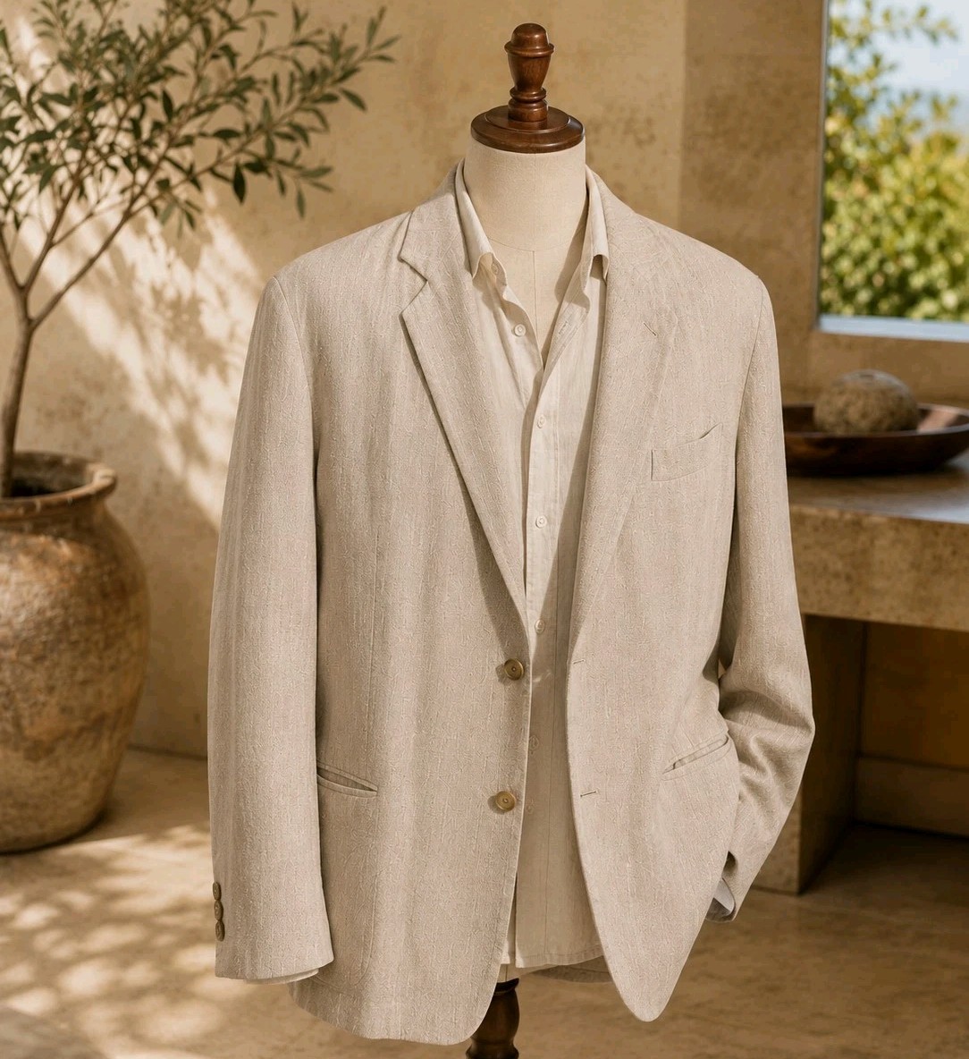 Emporio Armani 100% Linen Blazer IT 54/US 44R Beige Minimalist Made In Italy Vtg