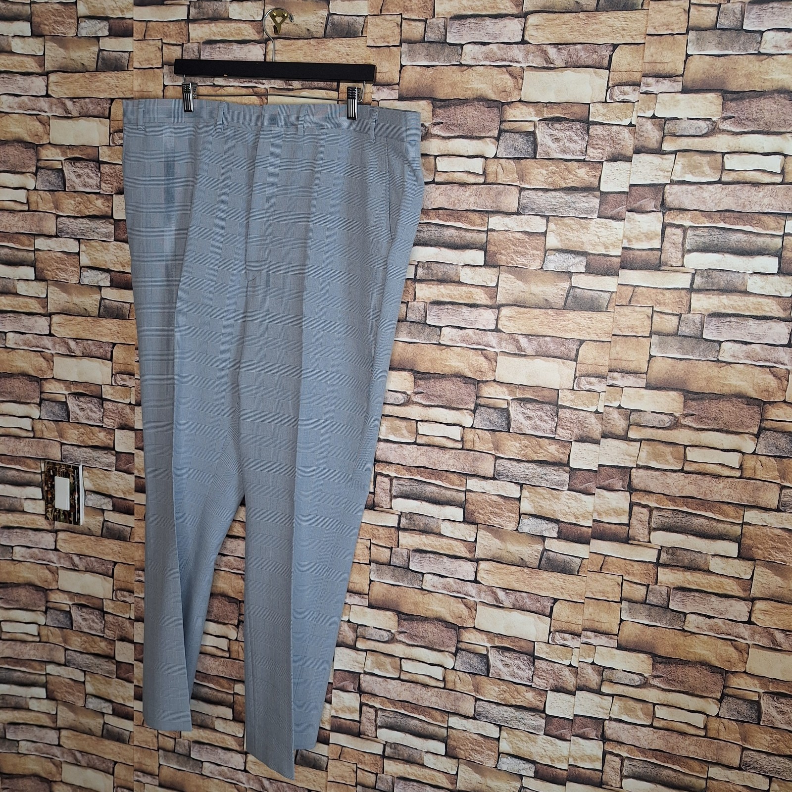 Sears 1970s 2 Piece Suit Mens 50L 44X32 Light Blue Plaid Half Lined SV