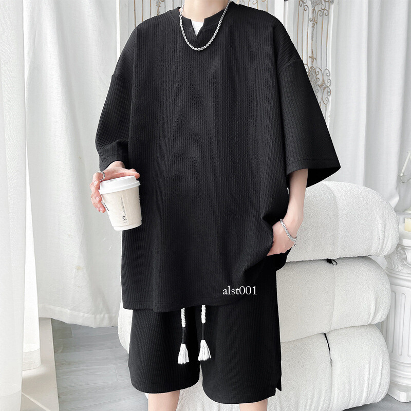 Men’s 2Pcs Suits Short Sleeve Shorts Pants Loose Fit Tops T Shirts Summer Casual